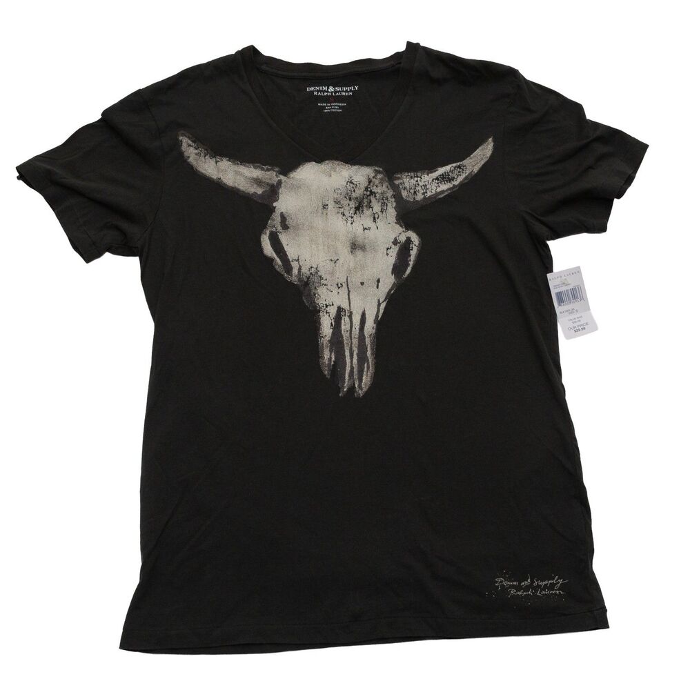 Ralph Lauren Denim & Supply Sm Womens Skull Graphic V Neck T Shirt Black Cotton